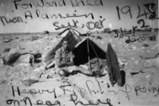 In tent for a few weeks - excavated below tent to a depth of three feet to get some room and to offer protection. Was here when battle of El Alamain started. The place lit up with gun flashes and I could feel the ground shaking.