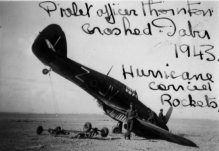 Watched the Hurricane land - seemed to land OK. Was taxying in, suddenly swung towards me onto the sand - had to run out out of the way. Pilot Officer Thornton in picture near propeller.