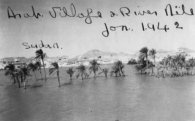 Picture taken from a boat named "Lotus" The River Nile and an Arab village - openings into the hillside. En route to Wadihalfa.